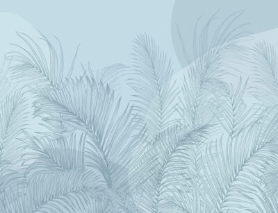 Illustrated palm leaves with geometric shapes blue wall mural