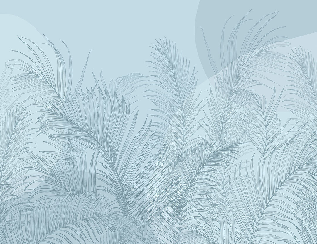 Illustrated palm leaves with geometric shapes blue wall mural