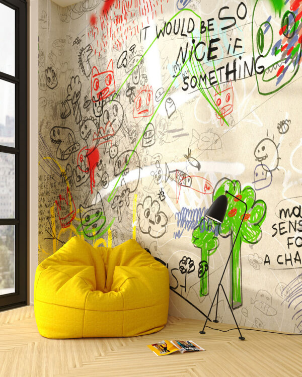 Colourful chaotic graffiti wall mural for a children's room