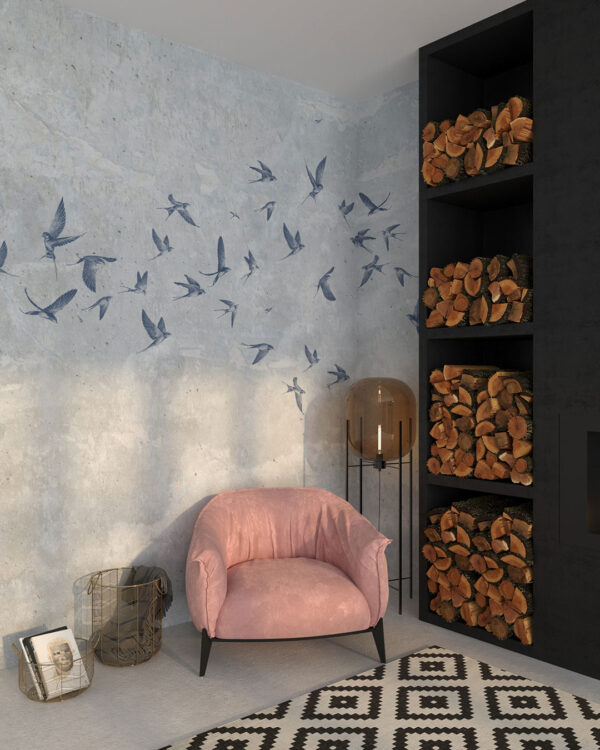 Delicate birds on a grey textured background wall mural for the living room