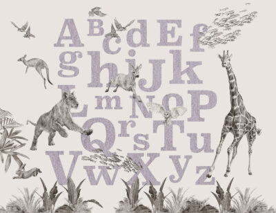 Violet alphabet wall mural with detailed animals