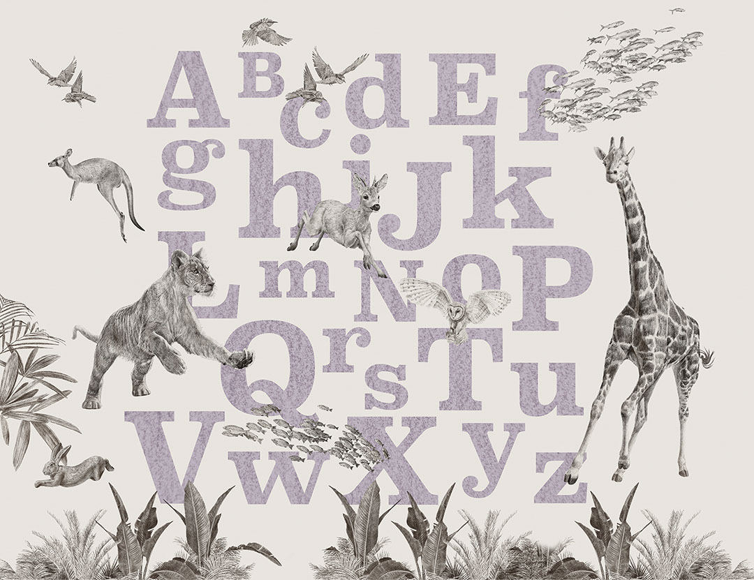 Violet alphabet wall mural with detailed animals