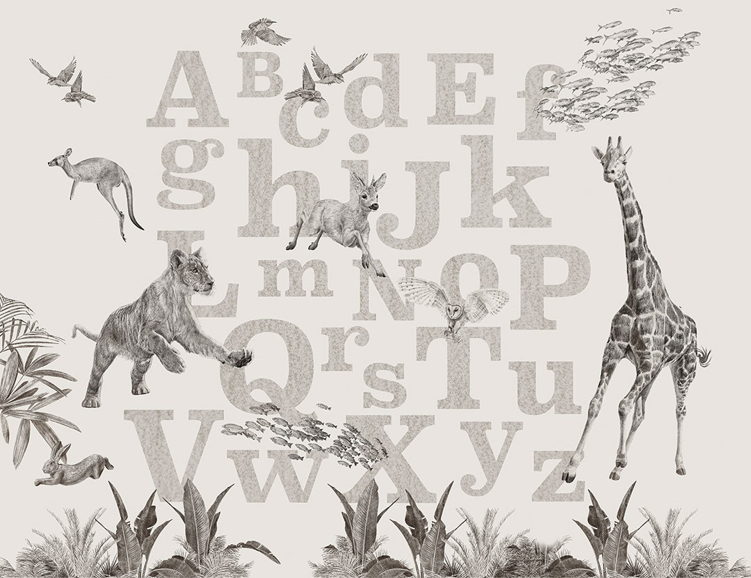 Grey alphabet wall mural with detailed animals