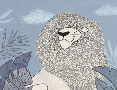 Lion king kids wall mural with tropical leaves on the blue background