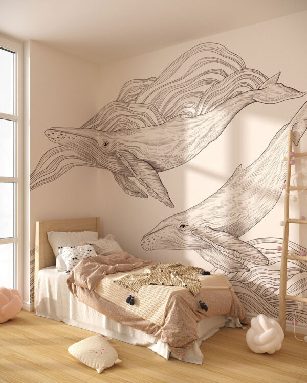 Cute illustrated whales wall mural for a children's room