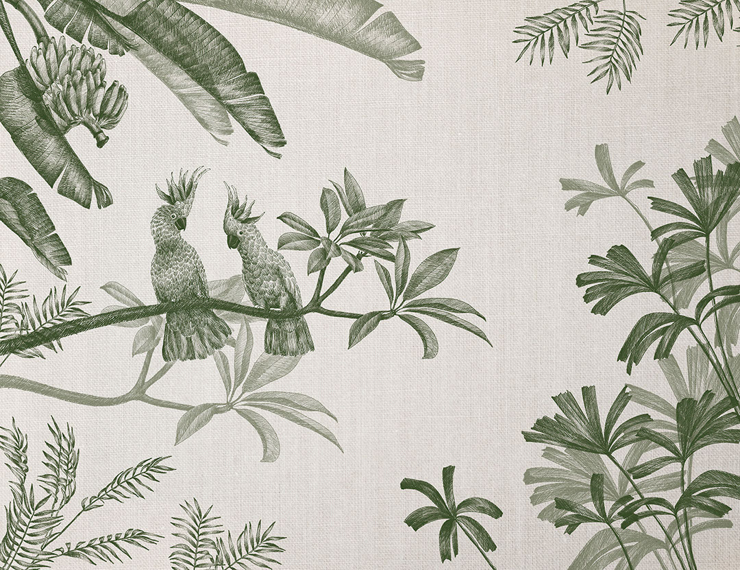 Sophisticated illustrated green tropical plants and parrots wall mural