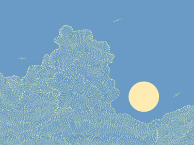 Sun with clouds and birds on the blue sky wall mural in linear style