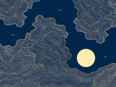 Sun with clouds and birds on the navy blue sky wall mural in linear style