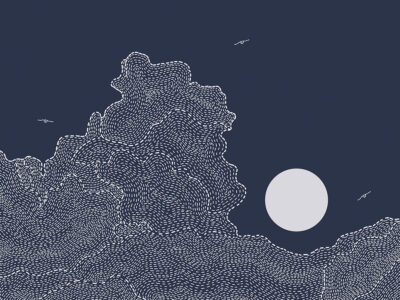 White sun with clouds and birds on the navy blue sky wall mural in linear style