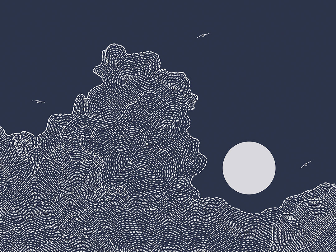 White sun with clouds and birds on the navy blue sky wall mural in linear style