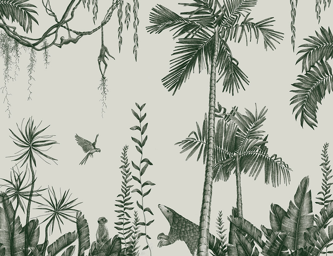 Green palm trees, birds and tropical animals wall mural