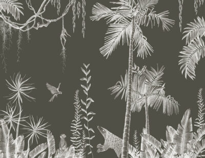 Palm trees, birds and tropical animals at night wall mural