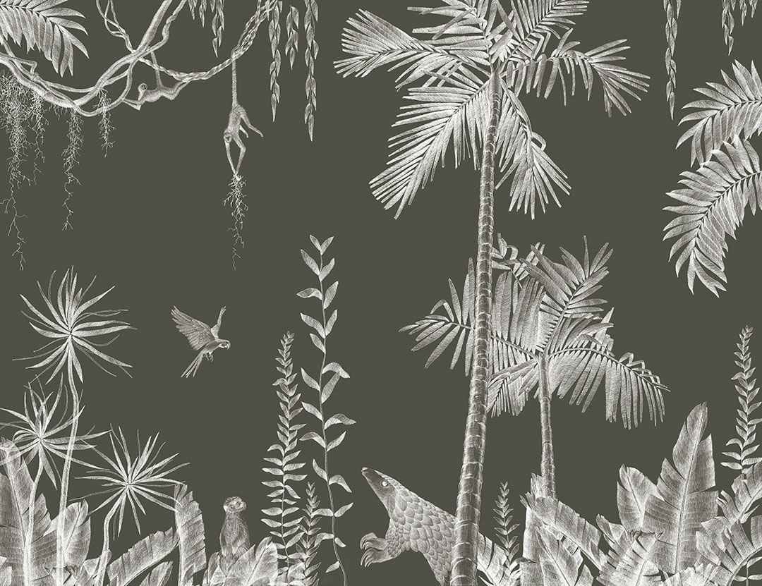 Palm trees, birds and tropical animals at night wall mural