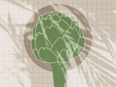 Illustrated oversized artichoke wall mural on the geometrical background with shadows
