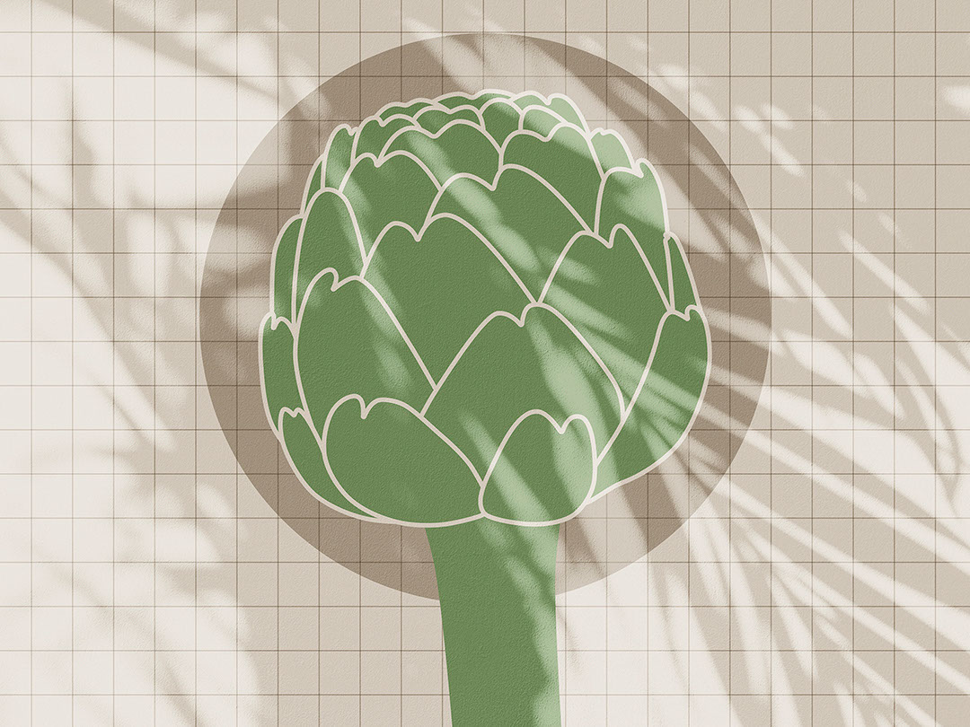 Illustrated oversized artichoke wall mural on the geometrical background with shadows