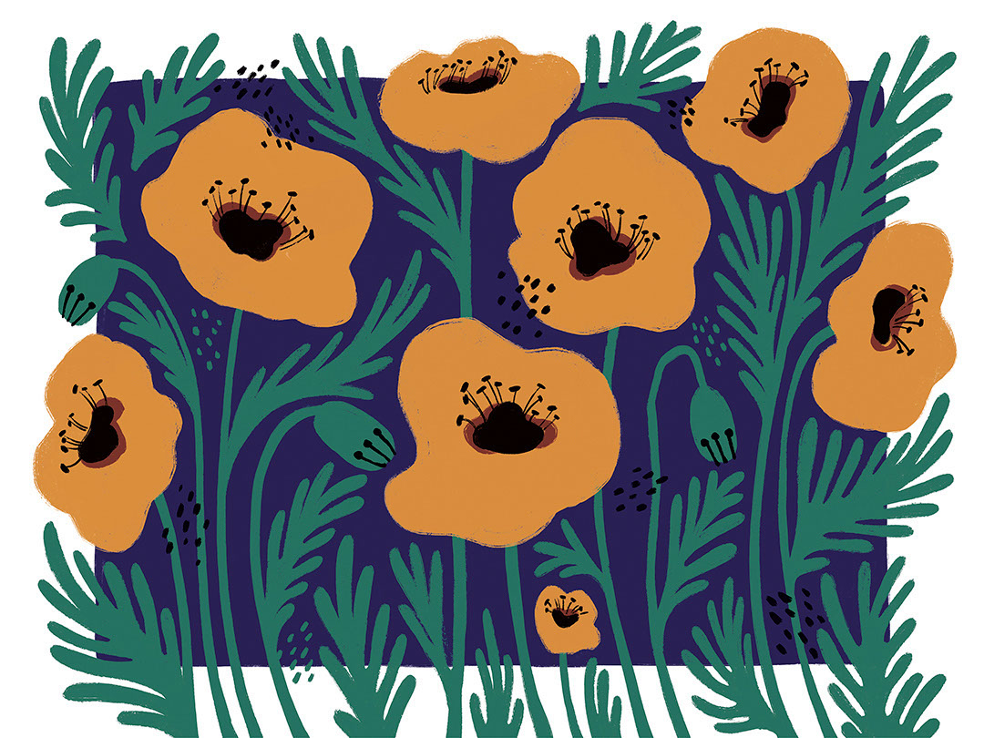 Yellow illustrated flowers with an asymmetrical blue background wall mural