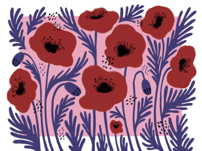 Red illustrated flowers with an asymmetrical pink background wall mural