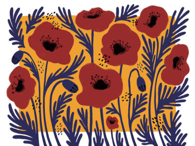 Red illustrated flowers with an asymmetrical yellow background wall mural