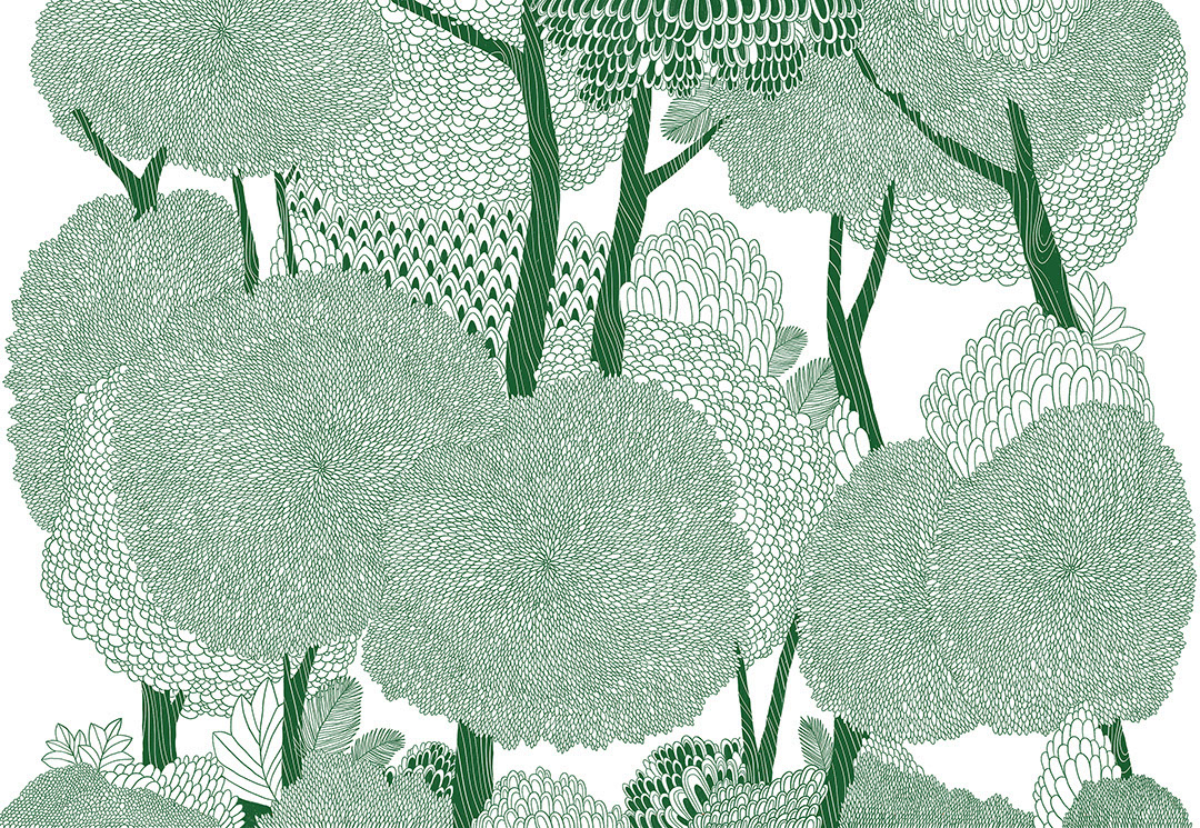 Detailed illustrated green tree crowns wall mural