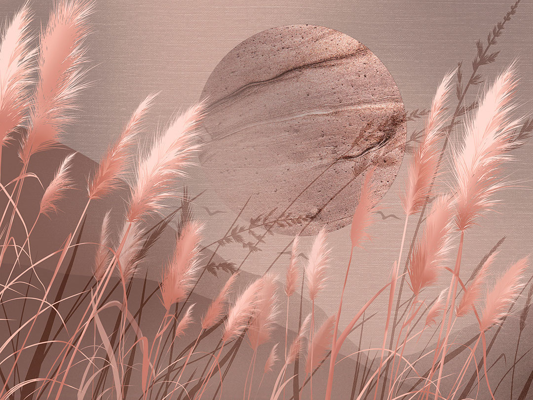Pink 3D grass awns and textured metallic geometry wall mural