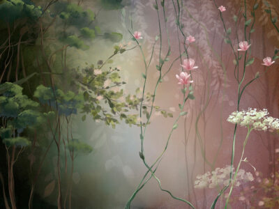 Delicate pink and green floral wall mural