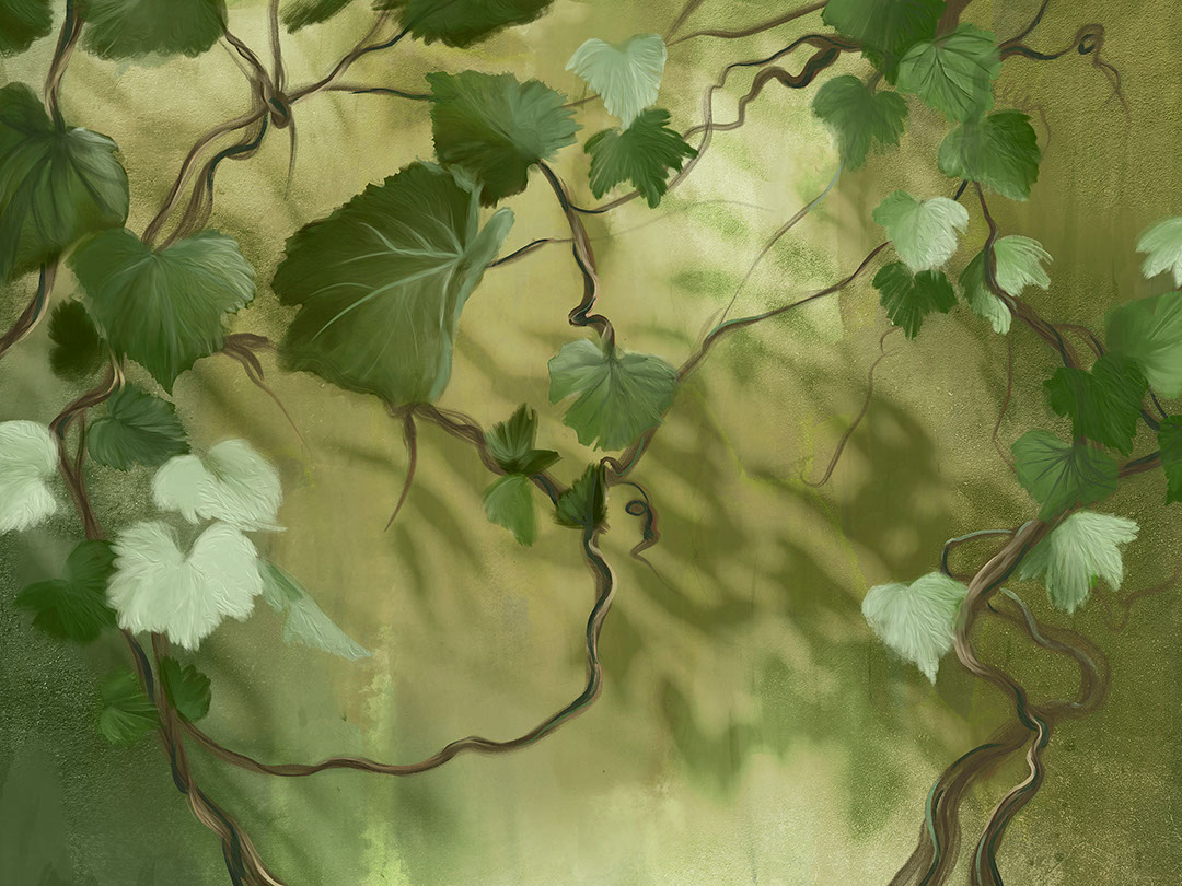 Oil painted green grapevine wall mural
