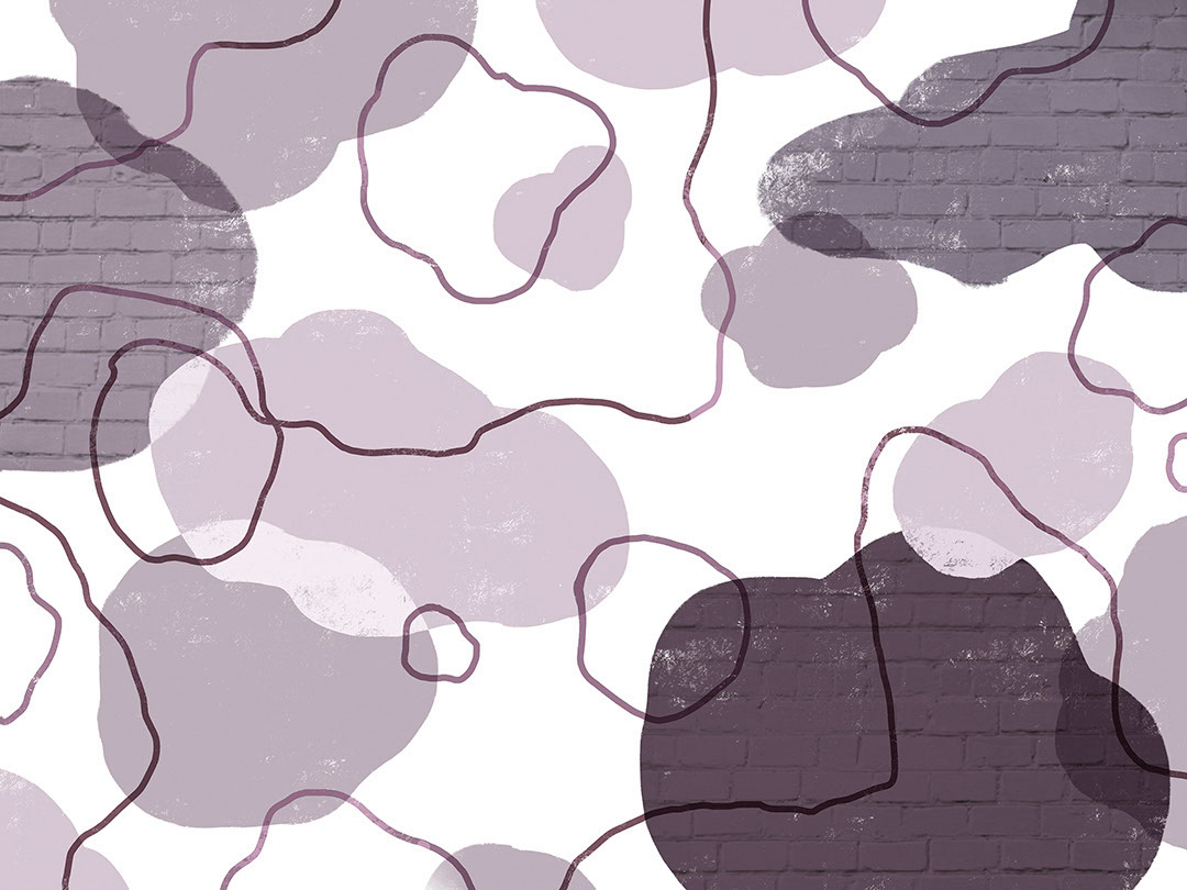 Neutral abstract wall mural with purple brick faux texture