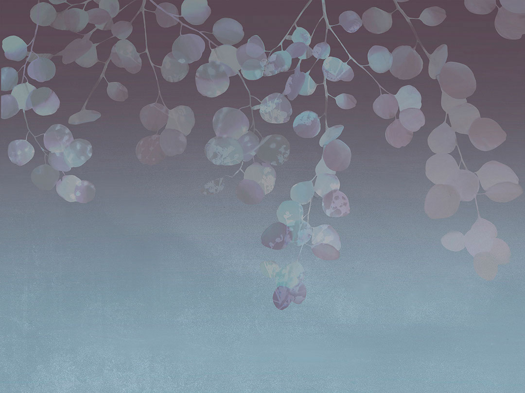 Tender blue gradient wall mural with overhanging leaf branches