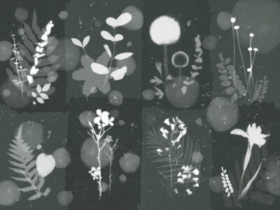Mosaic grey wall mural with imprints of floral leaves
