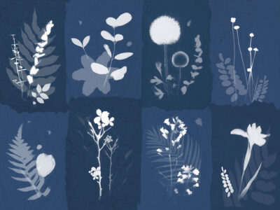 Mosaic blue wall mural with imprints of floral leaves