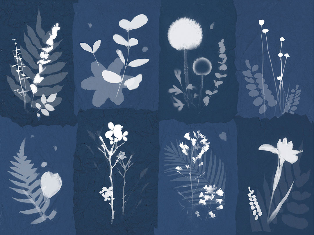 Mosaic blue wall mural with imprints of floral leaves