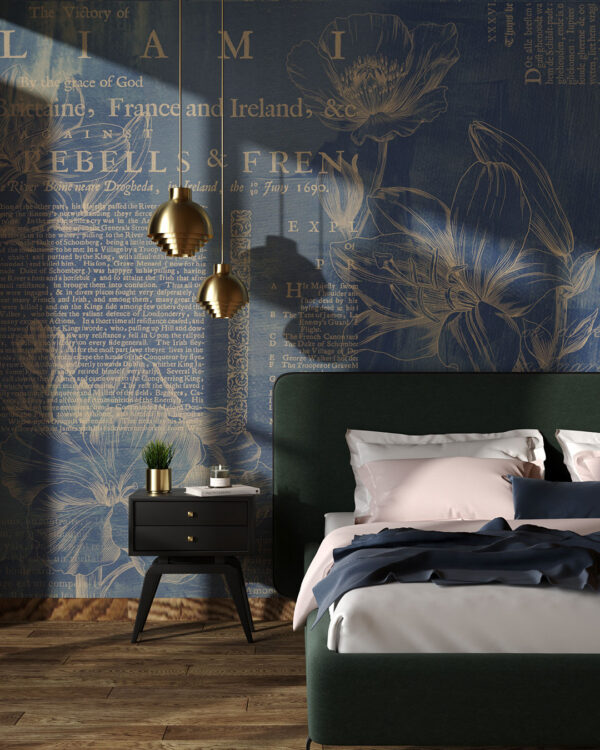 Minimalist linear flowers with vintage text wall mural for the bedroom