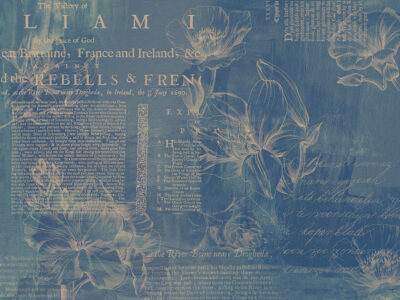 Minimalist linear flowers with vintage text navy blue wall mural