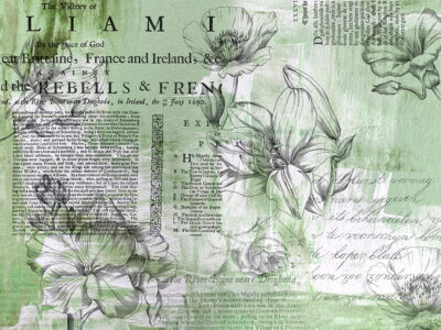 Minimalist linear flowers with vintage text green wall mural