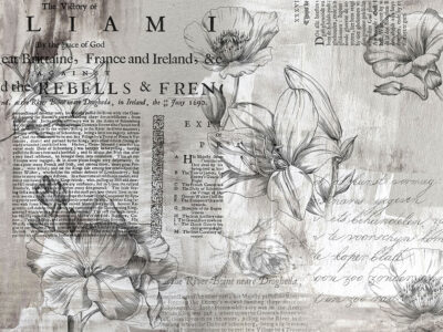 Minimalist linear flowers with vintage text grey wall mural