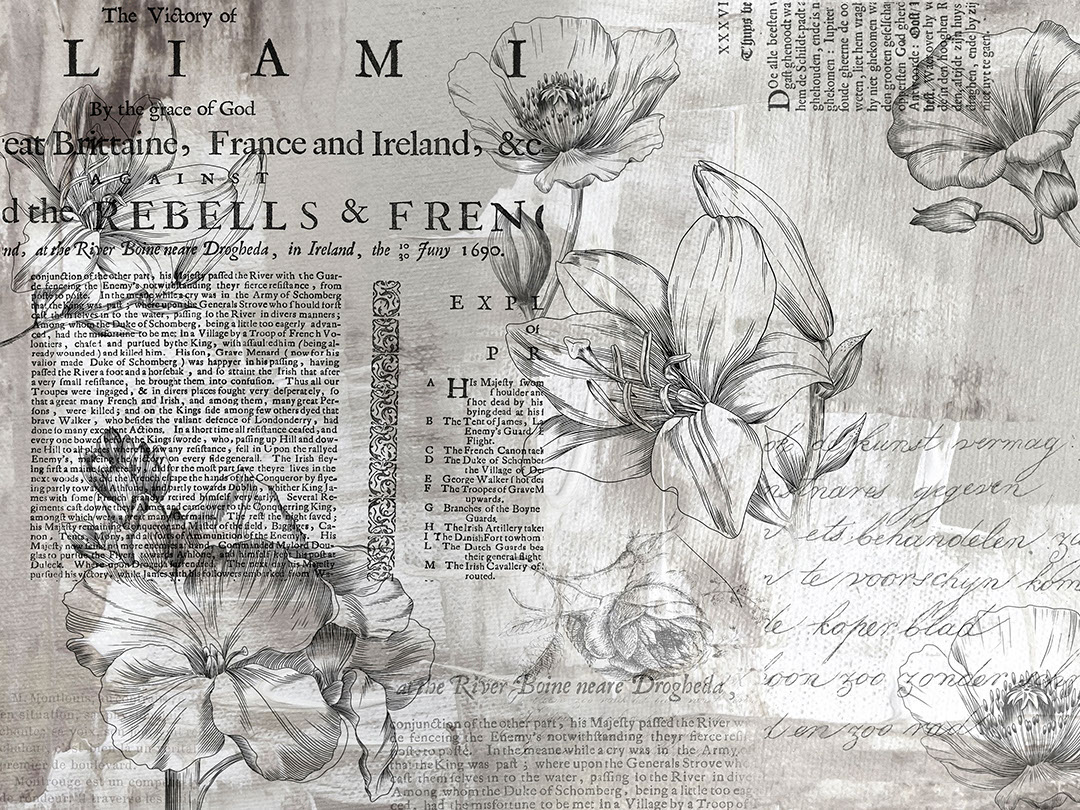 Minimalist linear flowers with vintage text grey wall mural