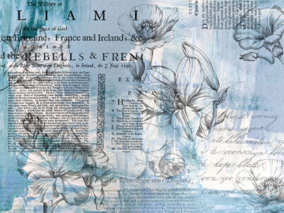Minimalist linear flowers with vintage text blue wall mural
