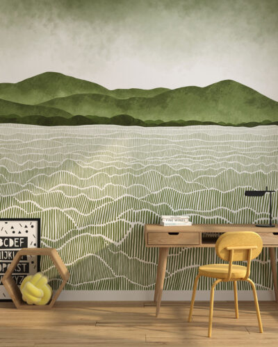 Watercolour field and mountains wall mural for a children's room
