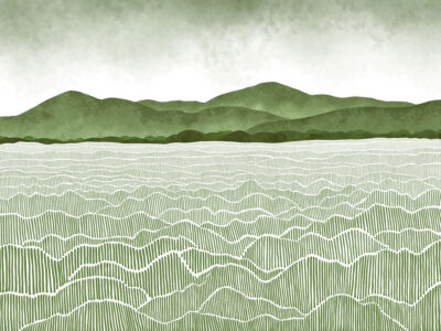 Watercolour green field and mountains wall mural