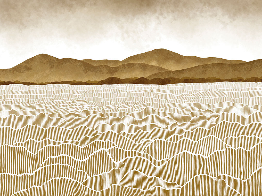 Watercolour brown field and mountains wall mural