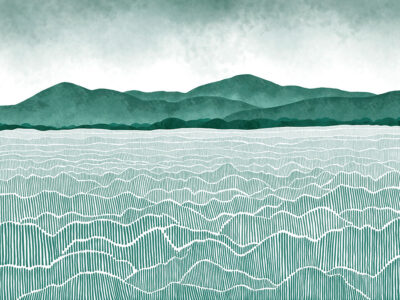 Watercolour mint field and mountains wall mural