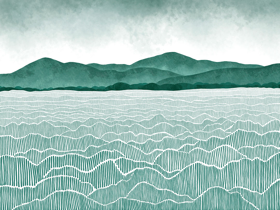 Watercolour mint field and mountains wall mural