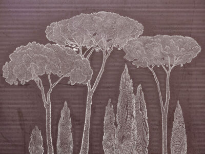 Illustrated white Mediterranean cypress and stone pine trees wall mural