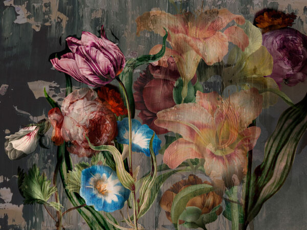 Moody floral wall mural with large colourful roses and peonies