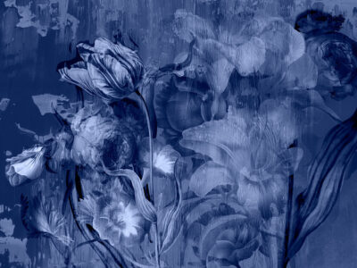 Moody floral blue wall mural with large roses and peonies