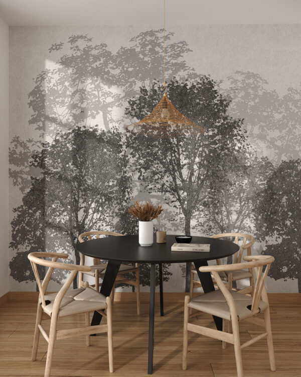 Minimalist forest etched illustration wall mural for the kitchen