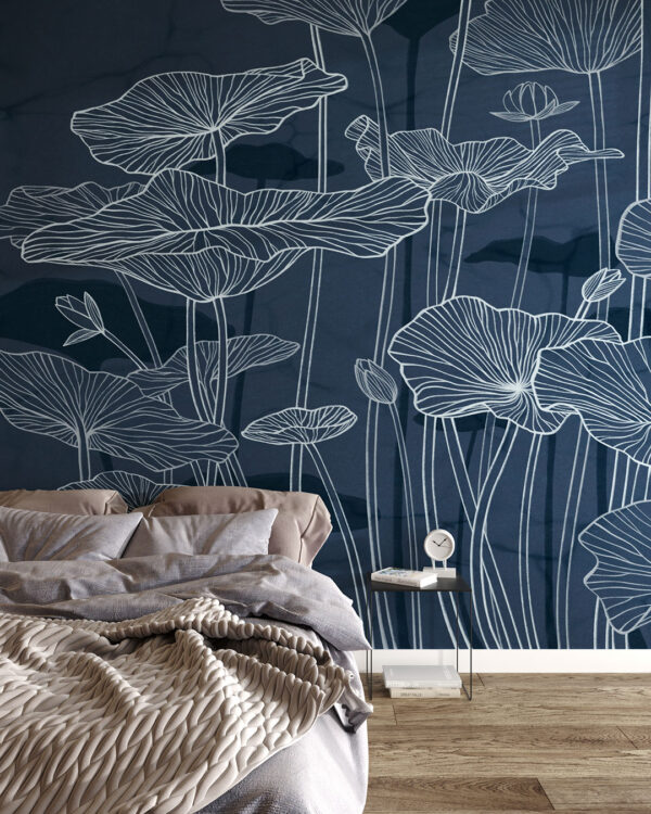 Minimalist water lilies line drawing wall mural for the bedroom