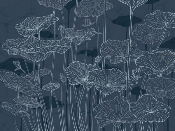 Minimalist water lilies line drawing blue wall mural