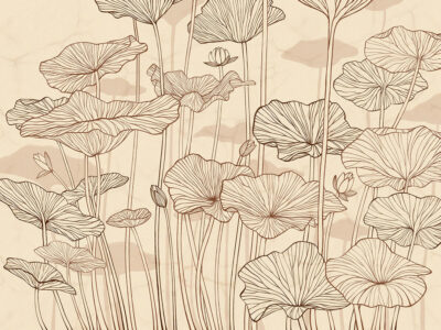 Minimalist water lilies line drawing beige wall mural