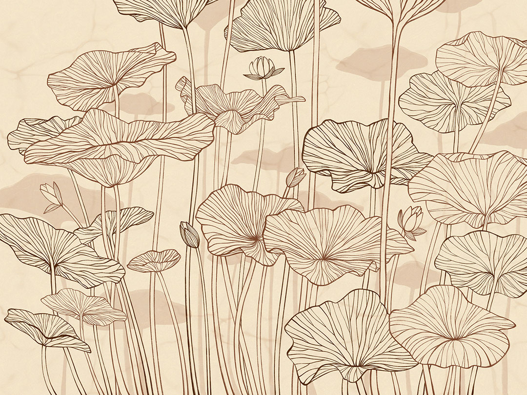 Minimalist water lilies line drawing beige wall mural